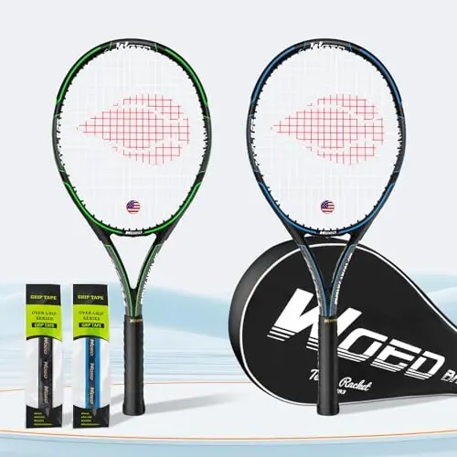 WOED BATENS Kattalar uchun 2 o'yinchi tennis raketkasi Yangi boshlanuvchilar va professional o'yinchilar uchun ideal, 27 dyuymli tezlik tennis raketkasiga overgripslar, tennis sumkasi, vibratsiyani susaytirgichlar, qoplamalar kiradi - 5