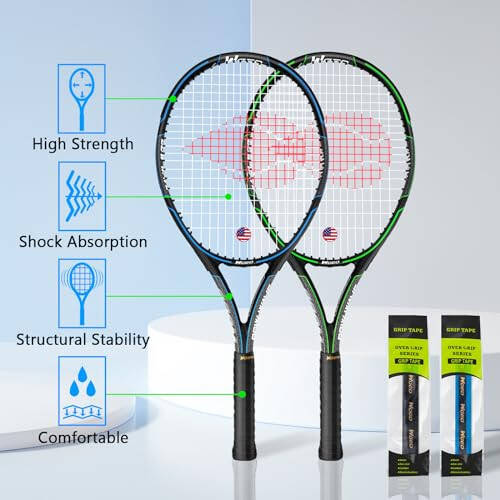 WOED BATENS Adult 2 Player Tennis Racket Perfect for Beginner and Professional Players, 27” Speed Tennis Racquet Include Overgrips, Tennis Bag, Vibration Dampes, Covers - 2