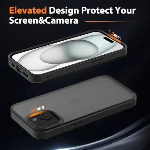 Wohvo Designed for iPhone 15 Case, 4FT Military Grade Drop Protection,Translucent Matte Hard Back with Soft Edge Airbag, Protective Phone Cases for iPhone 15 (Black) - 4