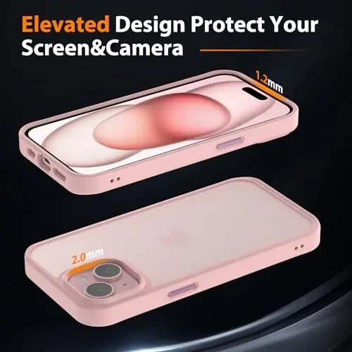Wohvo Designed for iPhone 15 Case, 4FT Military Grade Drop Protection,Translucent Matte Hard Back with Soft Edge Airbag, Protective Phone Cases for iPhone 15 (Pink) - 4