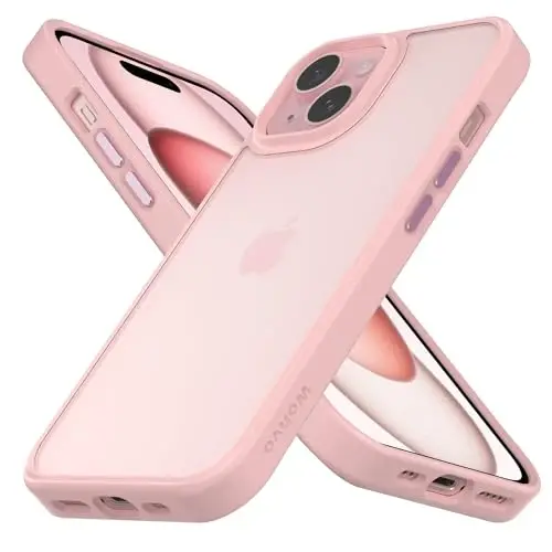 Wohvo iPhone 15 uchun mo'ljallangan korpus, 4FT harbiy darajali qulashdan himoya, yumshoq chetlarli havo yostig'i bilan shaffof mat qattiq orqa qopqoq, iPhone 15 uchun himoyalovchi telefon qopqoqlari (pushti) - 1