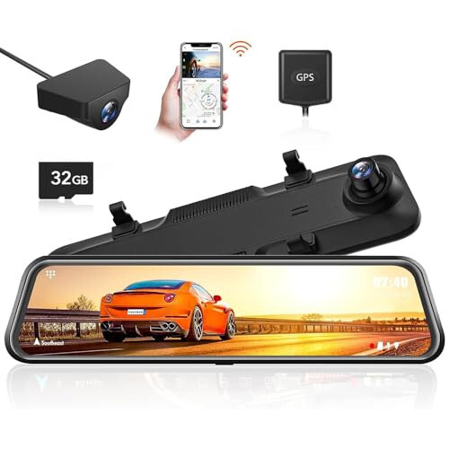 WOLFBOX 12'' Aynalı Dash Cam WiFi ile, 2.5K Arka Görüş Aynası Kamera 1080P Arka Kamera ile, WiFi Aynalı Dash Cam Ön ve Arka, 32GB Kart ve GPS Dahil - 1