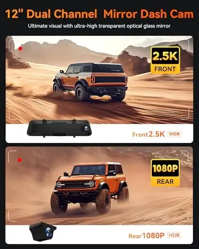 WOLFBOX G840H 12'' Mirror Dash Cam with ADAS and BSD, 2.5K Rear View Mirror Camera Front and Rear, 5.8GHz WiFi, Voice Control, Parking Monitor, Included 32GB Card & GPS, Loop Recording - 4