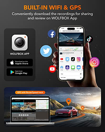 WOLFBOX 12'' Mirror Dash Cam with WiFi, 2.5K Rear View Mirror Camera with 1080P Rear Camera, WiFi Mirror Dash Cam Front and Rear, Included 32GB Card & GPS - 2