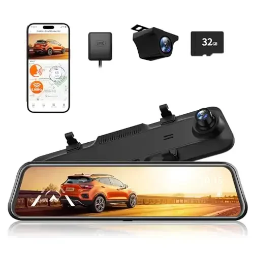 WOLFBOX 12'' Mirror Dash Cam with WiFi, 2.5K Rear View Mirror Camera with 1080P Rear Camera, WiFi Mirror Dash Cam Front and Rear, Included 32GB Card & GPS - 6
