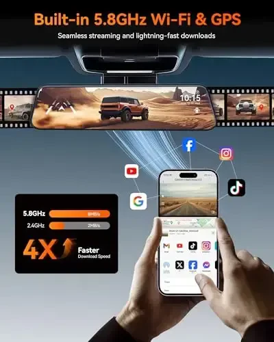 WOLFBOX 12'' Зеркальный видеорегистратор с Wi-Fi, 2.5K камера заднего вида с 1080P задней камерой, Wi-Fi зеркало видеорегистратор спереди и сзади, в комплекте карта 32 ГБ и GPS - 3