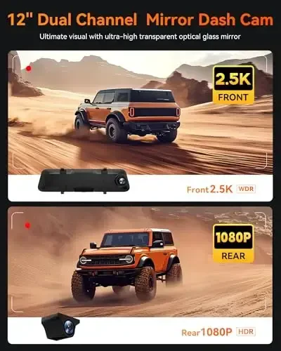 WOLFBOX 12'' Зеркальный видеорегистратор с Wi-Fi, 2.5K камера заднего вида с 1080P задней камерой, Wi-Fi зеркало видеорегистратор спереди и сзади, в комплекте карта 32 ГБ и GPS - 4