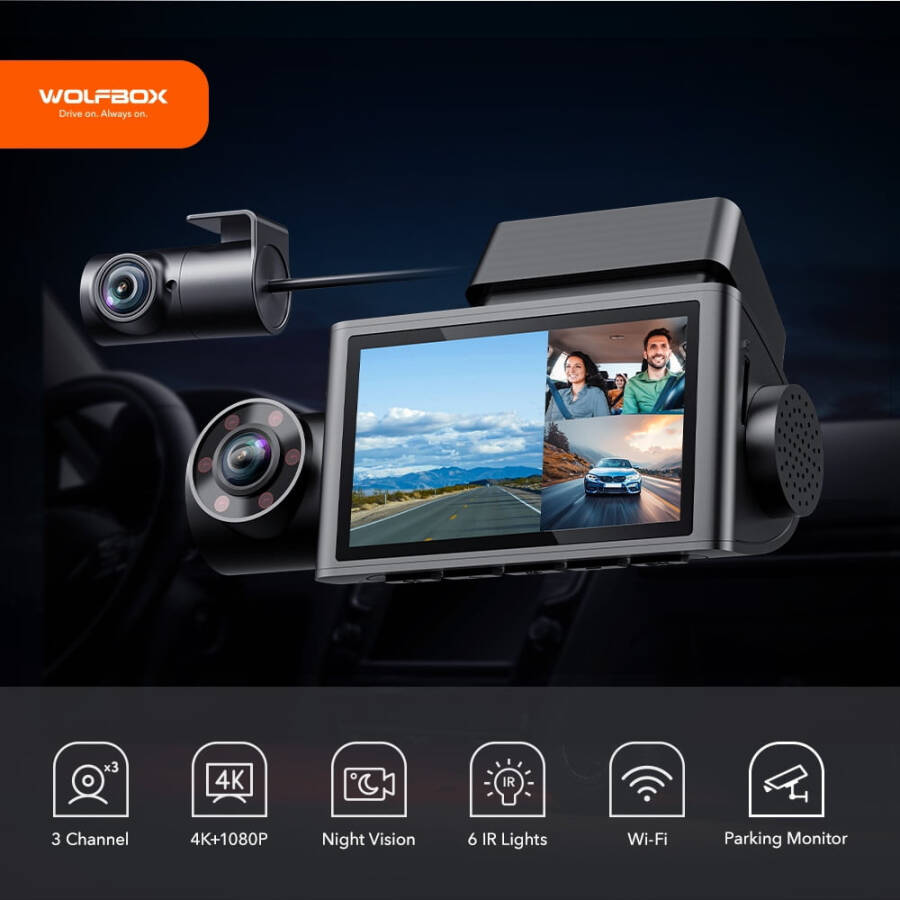WolfBox 3-канальная тройная приборная камера, 4K/2,5K+1080P автомобильная камера, 3-дюймовый ЖК-дисплей, ночное видение Super IR, встроенные WiFi и GPS, бесплатная карта 32 ГБ - 7