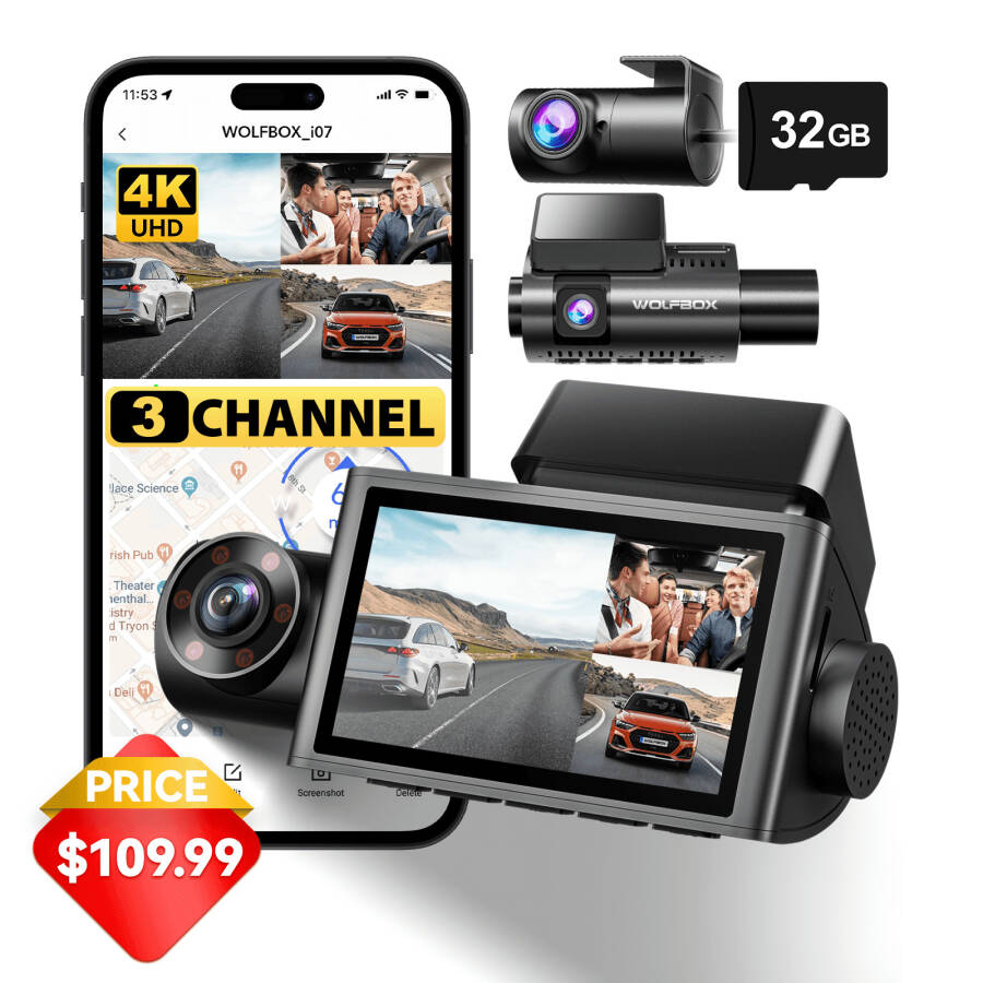 WolfBox 3-канальная тройная приборная камера, 4K/2,5K+1080P автомобильная камера, 3-дюймовый ЖК-дисплей, ночное видение Super IR, встроенные WiFi и GPS, бесплатная карта 32 ГБ - 12