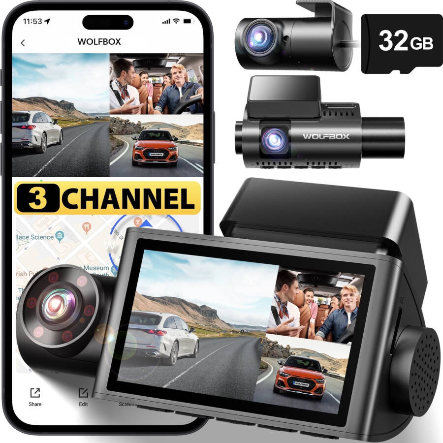 WolfBox 3-канальная тройная приборная камера, 4K/2,5K+1080P автомобильная камера, 3-дюймовый ЖК-дисплей, ночное видение Super IR, встроенные WiFi и GPS, бесплатная карта 32 ГБ - 13