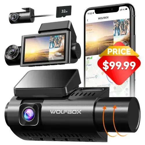 WolfBox 3 ta kanalli uch tomonlama avtomobildagi kamera, 4K/2.5K+1080P avtomobil kamerasi, 3 dyuymli LCD displey, Super IR tungi koʻrish, oʻrnatilgan WiFi va GPS, bepul 32 GB karta - 5