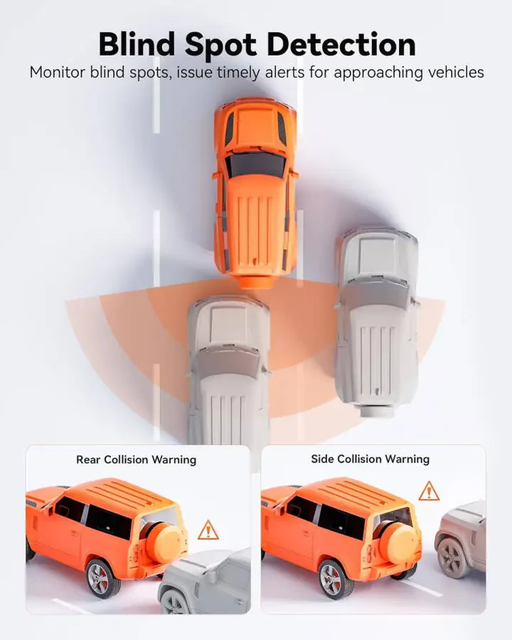 WOLFBOX 4K автомобильная видеокамера с зеркалом заднего вида с Wi-Fi 5,8 ГГц, голосовым управлением, интеллектуальным зеркалом заднего вида с ADAS и BSD, 12-дюймовой камерой заднего вида, бесплатной 64-ГБ картой, GPS, G-сенсором, циклической записью - 3