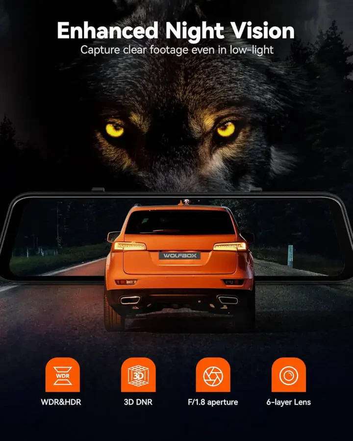 WOLFBOX 4K oynali oynali videomagnitafon 5,8GGts WiFi, ovozli boshqarish, ADAS va BSD xususiyatlariga ega aqlli orqa ko'rish oynasi, 12 dyuymli orqa ko'rish oynasi kamerasi, Bepul 64GB karta, GPS, G-sensor, siklli yozuv - 7