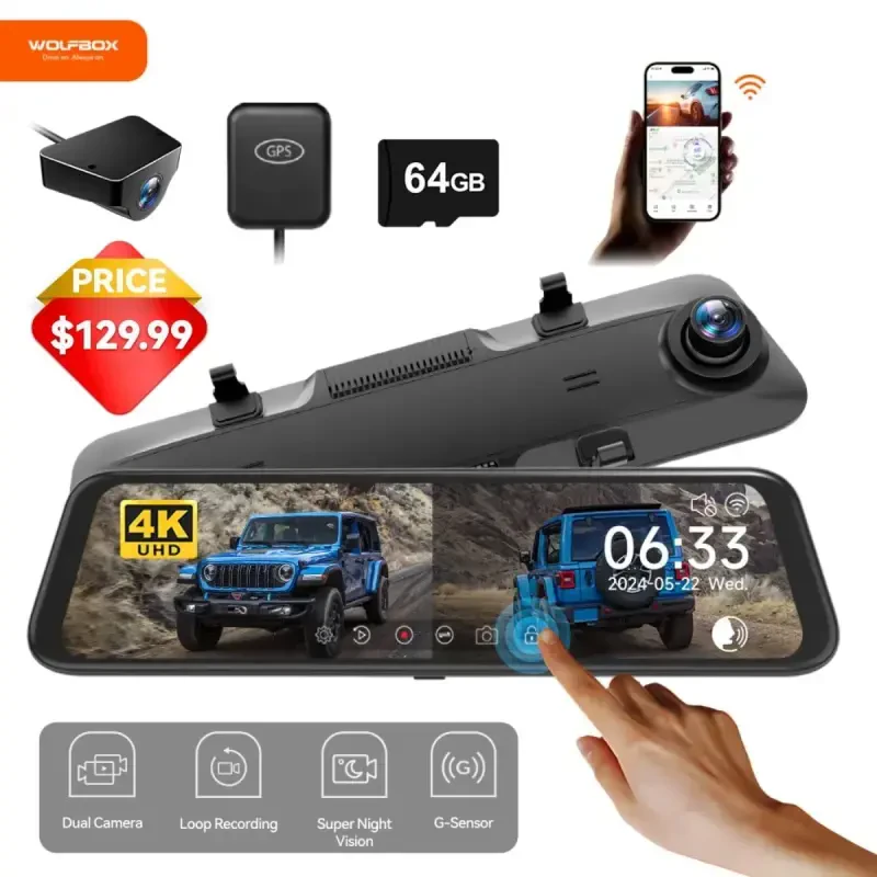 WolfBox Dash Cam, 4K Wifi& GPS li Dashcam, 12'' 4K+1080P orqa ko'rinish oynali Dash kameralari Super tungi ko'rish qobiliyati bilan, Avtomobil raqamini aniq ko'ring, Bepul 64GB karta - 13