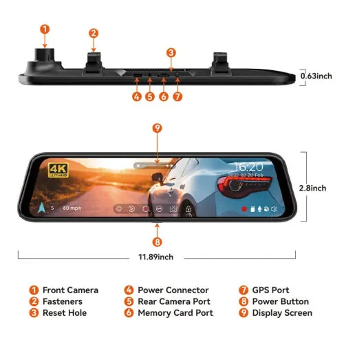 WolfBox Dash Cam, Dashcam 4K with Wifi& GPS, 12'' 4K+1080P Rear View Mirror Dash Cameras with Super Night Vision, See the license plate clearly, Free 64GB Card - 10