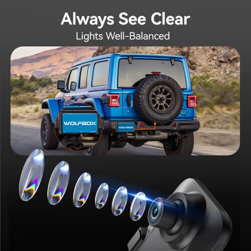 WolfBox Dash Cam, Dashcam 4K in Wifi& GPS, 12'' 4K+1080P Rear View Mirror Dash Cameras with Super Night Vision, See the license plate clearly, Free 64GB Card - 3