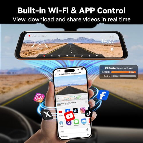 WolfBox Dash Cam, Dashcam 4K in Wifi& GPS, 12'' 4K+1080P Rear View Mirror Dash Cameras with Super Night Vision, See the license plate clearly, Free 64GB Card - 5