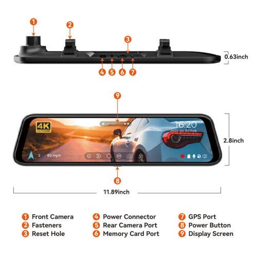 WolfBox Dash Cam, Dashcam 4K in Wifi& GPS, 12'' 4K+1080P Rear View Mirror Dash Cameras with Super Night Vision, See the license plate clearly, Free 64GB Card - 10
