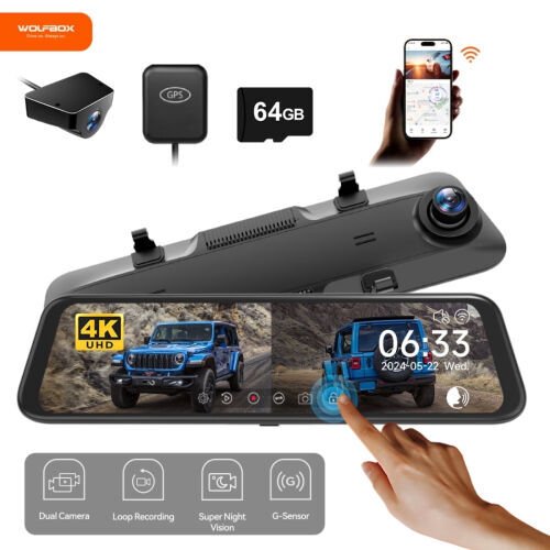 WolfBox Dash Cam, Dashcam 4K in Wifi& GPS, 12'' 4K+1080P Rear View Mirror Dash Cameras with Super Night Vision, See the license plate clearly, Free 64GB Card - 12