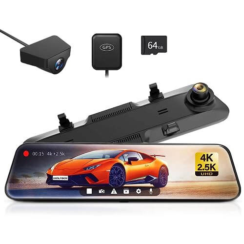 WOLFBOX G900 Arka Görüş Aynası Kamera, Ayna Dash Cam 4K Ön ve 2.5K Arka, Akıllı Tam 12'' Dokunmatik Ekran, Araba için Yedek Kamera, GPS, WDR, Gece Görüşü, 64GB Kart Dahil - 1