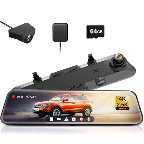 WOLFBOX G900 Arka Görüş Aynası Kamera, Ayna Dash Cam 4K Ön ve 2.5K Arka, Akıllı Tam 12'' Dokunmatik Ekran, Araba için Yedek Kamera, GPS, WDR, Gece Görüşü, 64GB Kart Dahil - 2