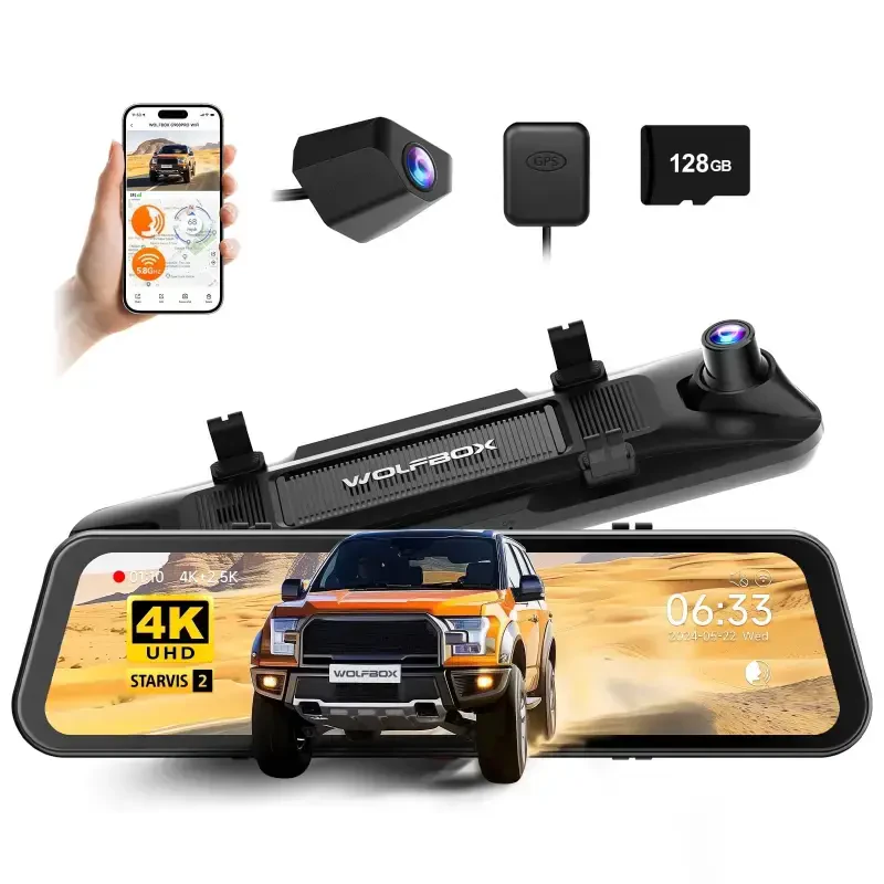 WolfBox G900 PRO Mirror Dash Cam with STARVIS 2 IMX678, 12 inches Rear View Mirror Camera with Front 4K and Rear 2.5K, Included 128GB Card, Voice Control, 5.8GHz WiFi, Loop Recording, G-Sensor & GPS - 6