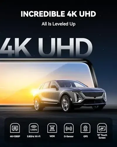 WOLFBOX G930 10'' Rear View Mirror Camera with 5.8GHz WiFi, 4K Dash Cam Front and Rear with WDR, Touch Screen Rearview Mirror Backup Camera, Parking Monitor, Reverse Assist, Includes 64GB Card & GPS - 1