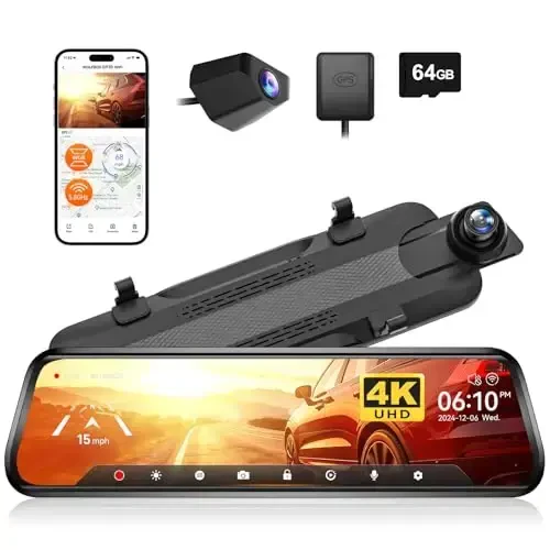 WOLFBOX G930 4K 10'' Rear View Mirror Camera, Dash Cam Front and Rear for Car with 64GB Card, Touch Screen Smart Rear View Mirror Backup Camera, Parking Monitor, Reverse Assist, GPS, Support 256GB Max - 6