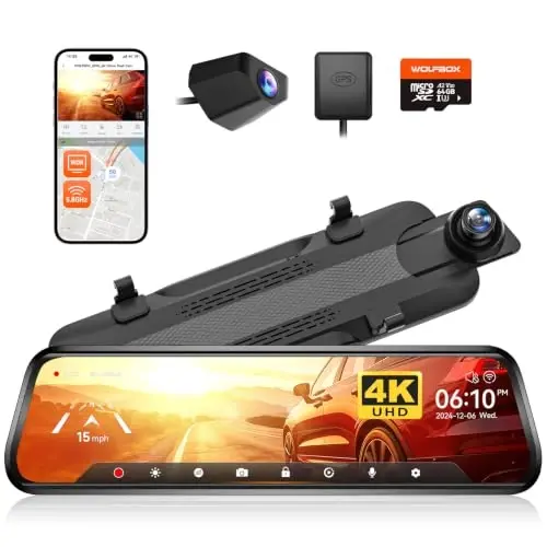 WOLFBOX G930 4K 10'' Rear View Mirror Camera, Dash Cam Front and Rear for Car with 64GB Card, Touch Screen Smart Rear View Mirror Backup Camera, Parking Monitor, Reverse Assist, GPS, Support 256GB Max - 1