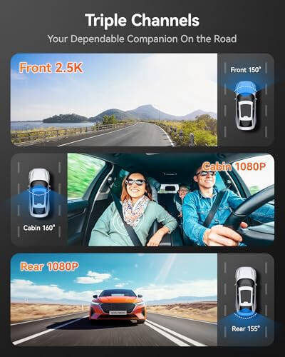 WOLFBOX i07 3 Channel Dash Cam Built-in WiFi GPS, 4K+1080P Dash Camera Front and Inside, 1440P+1080P+1080P Triple Car Camera with 3'' LCD Screen, 32GB Card Included, IR Night Vision, 24H Parking Mode - 3