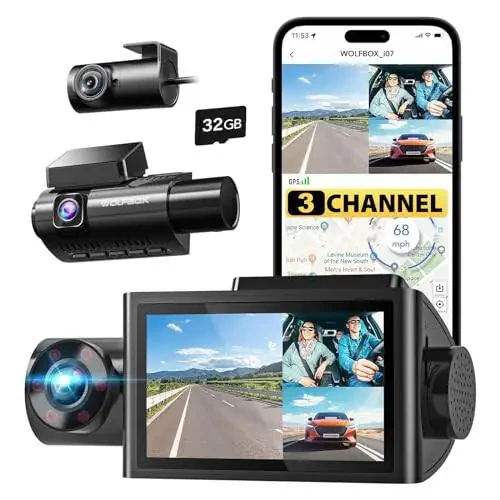 WOLFBOX i07 3 Channel Dash Cam Built-in WiFi GPS, 4K Dash Camera Front and Inside, 1440P+1080P+1080P Triple Car Camera with 3