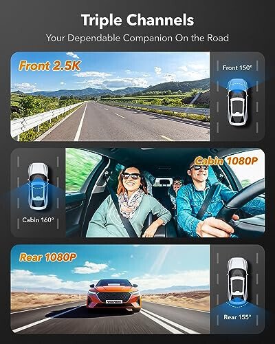 WOLFBOX i07 3 Channel Dash Cam Built-in WiFi GPS, 4K Dash Camera Front and Inside, 1440P+1080P+1080P Triple Car Camera with 3