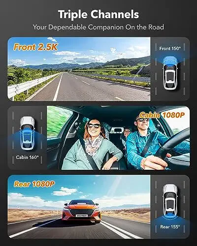 WOLFBOX i07 3 Channel Dash Cam Built-in WiFi GPS, 4K Dash Camera Front and Inside, 1440P+1080P+1080P Triple Car Camera with 3