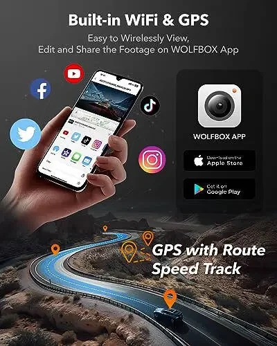 WOLFBOX i07 3 Channel Dash Cam Built-in WiFi GPS, 4K Dash Camera Front and Inside, 1440P+1080P+1080P Triple Car Camera with 3
