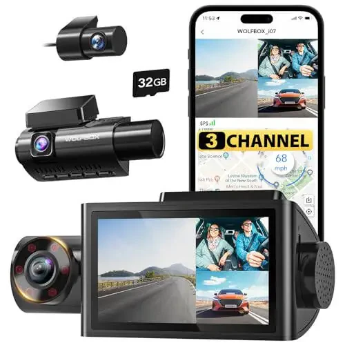 WOLFBOX i07 3 Channel Dash Cam Built-in WiFi GPS, 4K Dash Camera Front and Inside, 1440P+1080P+1080P Triple Car Camera with 3