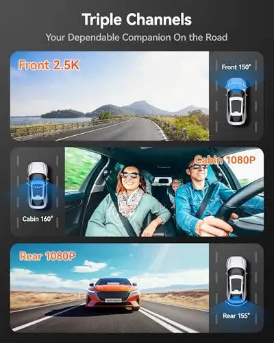 WOLFBOX i07 3 Channel Dash Cam Built-in WiFi GPS, 4K Dash Camera Front and Inside, 1440P+1080P+1080P Triple Car Camera with 3