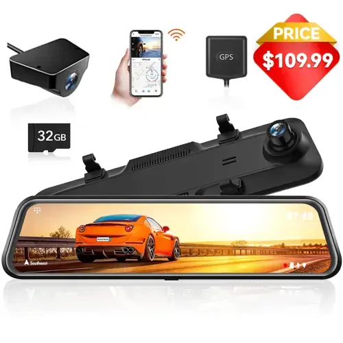 WolfBox Orqa Ko‘rinish oynasi Avtomobil Dash Kamosi, 2.5K Oldingi + 1080P Orqa Kamera, 12'' Ekranli oyna oynatiladigan Avtomobil Dash Kamosi Kechasi Ko‘rish bilan, O‘rnatilgan Wi-Fi & GPS, 24 soatlik Avtoturargoh Monitori, Bepul 32GB Karta - 1