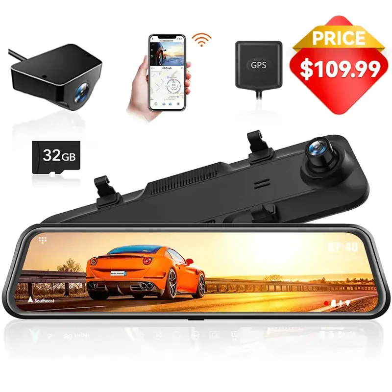 WolfBox Orqa Ko‘rinish oynasi Avtomobil Dash Kamosi, 2.5K Oldingi + 1080P Orqa Kamera, 12'' Ekranli oyna oynatiladigan Avtomobil Dash Kamosi Kechasi Ko‘rish bilan, O‘rnatilgan Wi-Fi & GPS, 24 soatlik Avtoturargoh Monitori, Bepul 32GB Karta - WOLFBOX