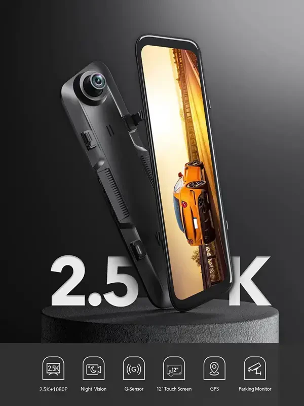 WolfBox Orqa Ko‘rinish oynasi Avtomobil Dash Kamosi, 2.5K Oldingi + 1080P Orqa Kamera, 12'' Ekranli oyna oynatiladigan Avtomobil Dash Kamosi Kechasi Ko‘rish bilan, O‘rnatilgan Wi-Fi & GPS, 24 soatlik Avtoturargoh Monitori, Bepul 32GB Karta - 2