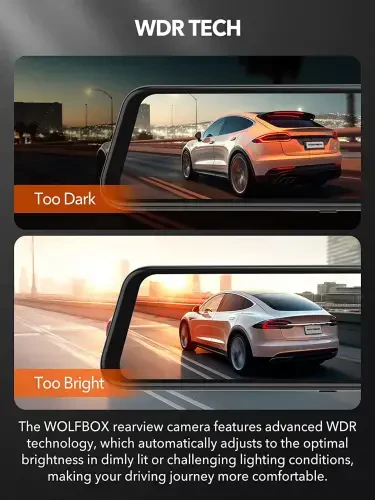WolfBox Orqa Ko‘rinish oynasi Avtomobil Dash Kamosi, 2.5K Oldingi + 1080P Orqa Kamera, 12'' Ekranli oyna oynatiladigan Avtomobil Dash Kamosi Kechasi Ko‘rish bilan, O‘rnatilgan Wi-Fi & GPS, 24 soatlik Avtoturargoh Monitori, Bepul 32GB Karta - 6