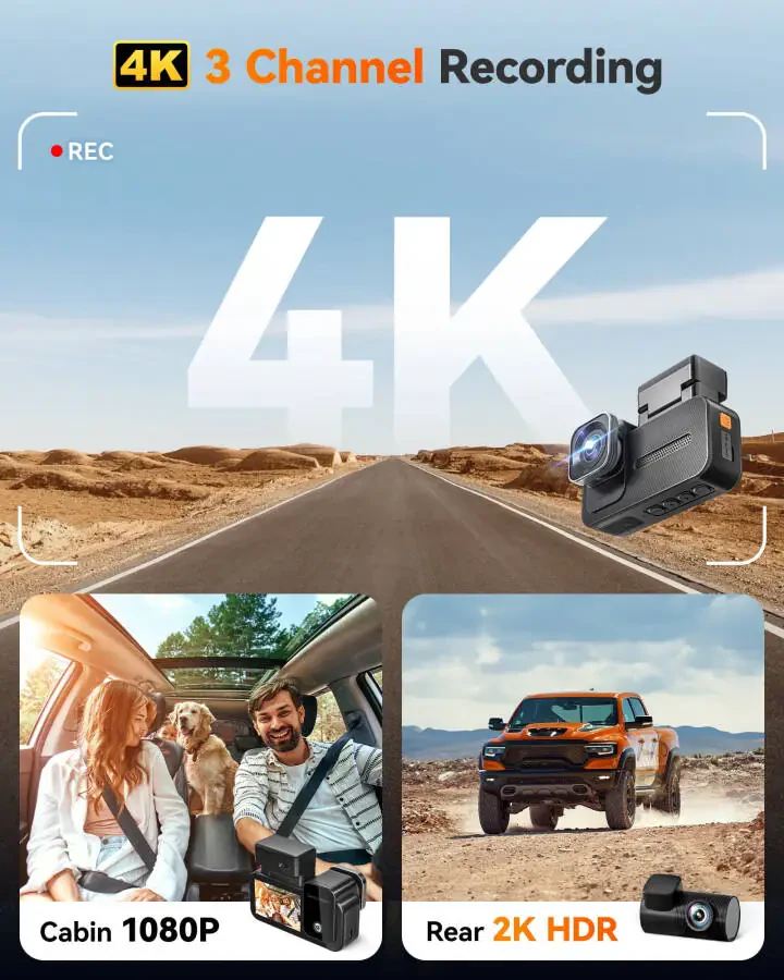 WolfBox X5 3 Kanalli Avtomobil Yo'l Kamerasi, 4K Oldingi + 1080P Ichki + 2,5K Orqadagi Kamera, 5,8 GHz Wi-Fi va GPS, Sensorli Ekran, Ovozli Nazorat - 2