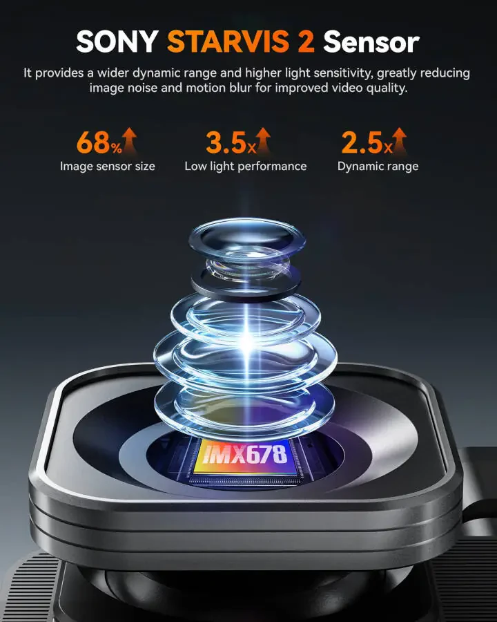 WolfBox X5 3-канальный видеорегистратор для автомобиля, 4K спереди + 1080P внутри + 2,5K сзади, 5,8 ГГц Wi-Fi и GPS, сенсорный экран, голосовое управление - 3