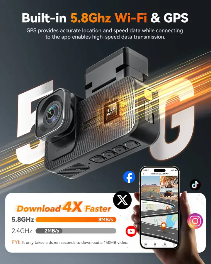 WolfBox X5 3-канальный видеорегистратор для автомобиля, 4K спереди + 1080P внутри + 2,5K сзади, 5,8 ГГц Wi-Fi и GPS, сенсорный экран, голосовое управление - 5