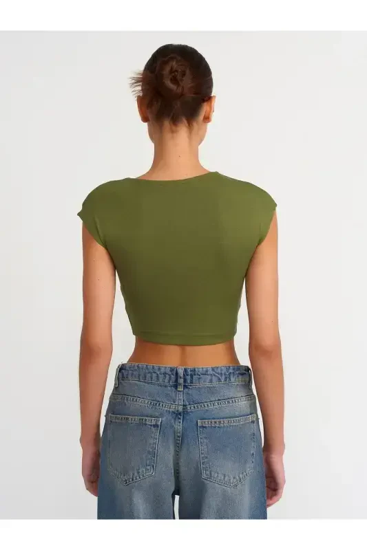 Woman 30528 Cotton and Modal Blend Crop Top-KHAKI-Khaki - 2