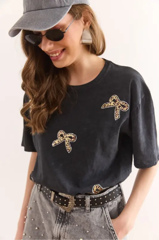 Woman Anthracite Leopard Bow Detailed Sequined Wash - OLALOOK