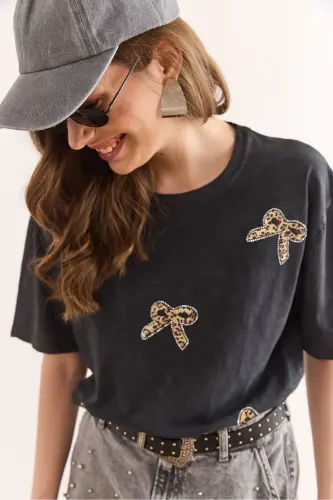 Woman Anthracite Leopard Bow Detailed Sequined Wash - 4