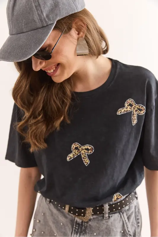 Woman Anthracite Leopard Bow Detailed Sequined Wash - 4