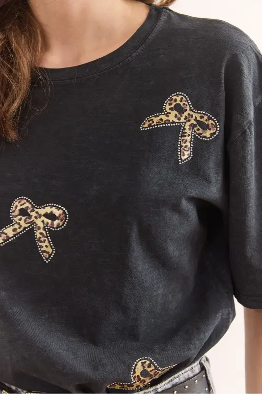 Woman Anthracite Leopard Bow Detailed Sequined Wash - 5