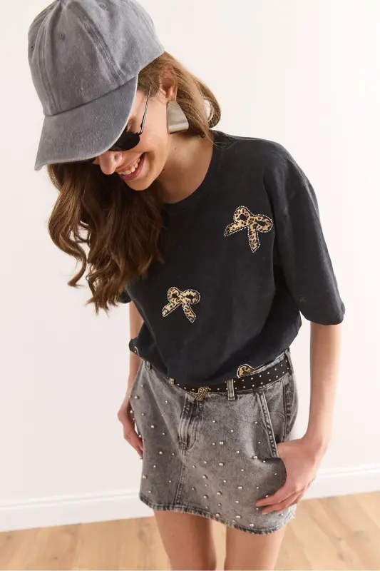 Woman Anthracite Leopard Bow Detailed Sequined Wash - 6