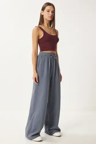 Woman Anthracite Muslin Palazzo Pants MX00160-Anthracite - 1